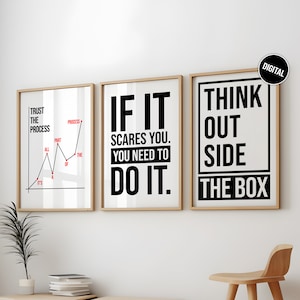 Könnte beinhalten: Drei gerahmte Drucke mit motivierenden Zitaten. Der erste Druck zeigt ein Diagramm mit den Worten "Trust the Process". Der zweite Druck lautet "If it scares you, you need to do it". Der dritte Druck sagt "Think outside the box."