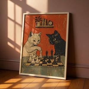 Cats Playing Chess Poster, Vintage Retro Cat Wall Art, Funny Cat Print, Black & White Cat Decor image 4