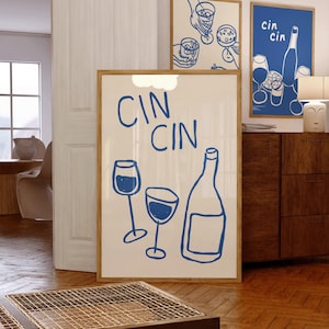 Cin Cin プリント、ブルーのレトロ トレンディ プリント、ブルーの Cin Cin ワイン ポスター、バー カートの装飾用のトレンディなウォール アート、キッチンの装飾用のブルーの Cin Cin プリント