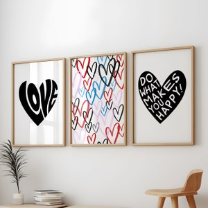Black Heart Print 3 Pack, Retro Trendy Wall Art for Preppy Rooms, Black Aesthetic Prints for Dorms, Heart Print, Black Retro Trendy Wall Art