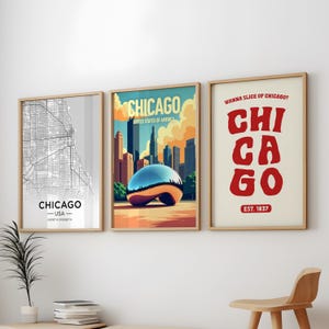 Paquete de 3 pósteres de Chicago, paquete de 3 obras de arte mural de la ciudad de Chicago, paquete de 3 pósteres de viajes vintage de Chicago, juego de 3 impresiones de Chicago, EE. UU., arte mural de Chicago, MA