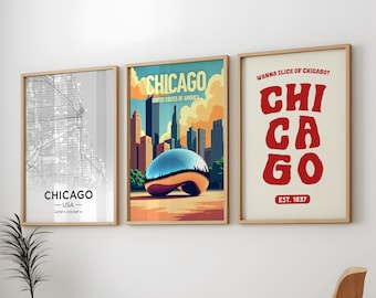 Chicago 3 Posters Pack, Chicago City 3 Wall Art Pack, Chicago Vintage Travel 3 Poster Pack, 3 Set of Chicago USA Prints, Chicago MA Wall Art