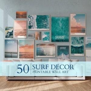 Pôsteres de surfe, pacote com 50, pintura de parede de verão com arte costeira de surfe, conjunto de 50 pôsteres de surfe, pacote de arte de parede de surfe com 50, conjunto de 50 impressões de surfe