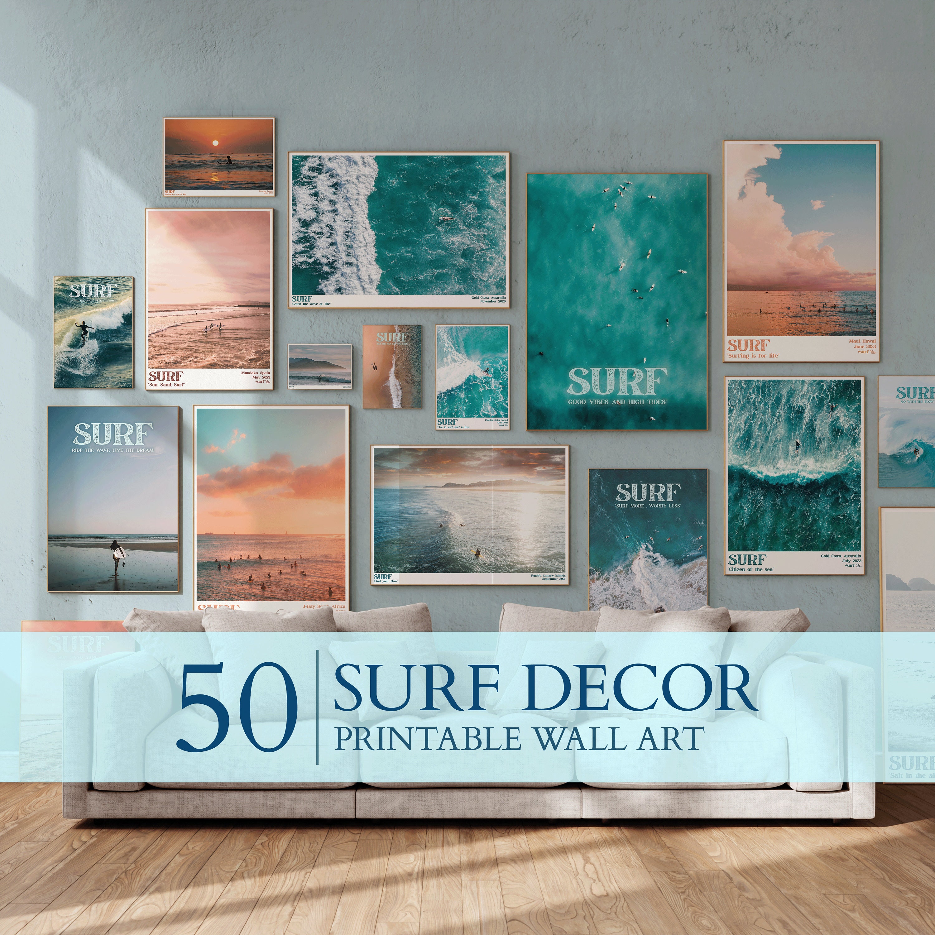 Surf Posters 50 Pack, Surf Coastal Art Summer Wall Print Painting, Surf Set of 50 Posters, Surf Wall 50 Art Bundle, Set of 50 Surf Prints