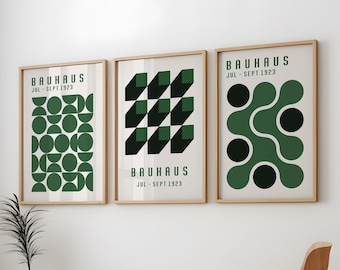 Bauhaus Green Print 3 Pack, Green Bauhaus Wall Art Printable, Green Geometric Art, Bauhaus Ausstellung Poster, Bauhaus Exhibition Art Print