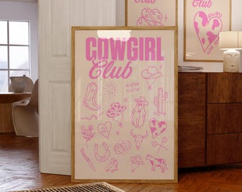 Rosa cowgirl-väggkonst, retro westerntryck, preppy studentrumsdekor, rosa westernposter, cowgirlrumskonst