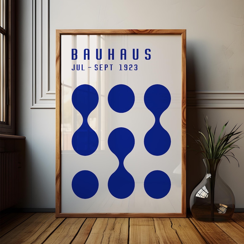 Bauhaus-affisch blå, geometrisk väggkonst, Bauhaus-utställningstryck, blå väggdekoration i mitten av århundradet bild 2