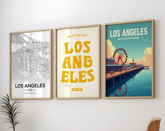Los Angeles 3 Posters Pack, Los Angeles City 3 Wall Arts Pack, Los Angeles Vintage Travel 3 Posters Pack, 3 Set of Los Angeles Travel Prints