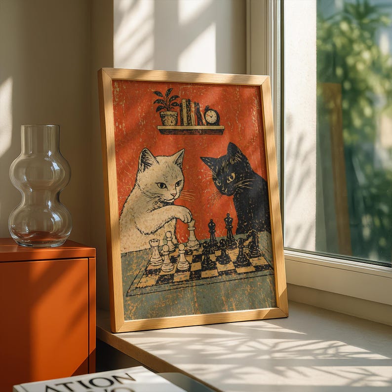 Cats Playing Chess Poster, Vintage Retro Cat Wall Art, Funny Cat Print, Black & White Cat Decor image 3