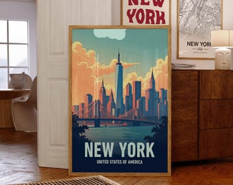 New York City Poster Vintage Travel Print, NYC Retro Skyline Wall Art, Manhattan Decor Housewarming Gift