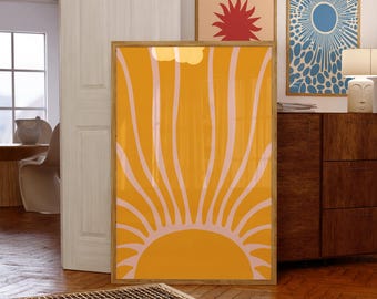 Abstract Sun Wall Art, Yellow Boho Poster Print, Minimalist Mid Century Modern Home Decor, Warm Sunburst Living Room
