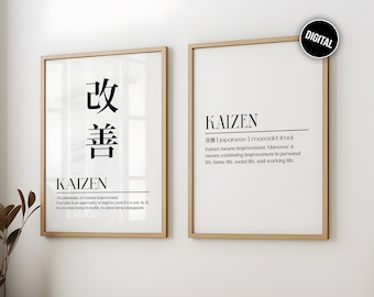 Kaizen Poster 2er-Set, japanische Philosophie Print, minimalistische Definition Wandkunst, Bürodekoration digitaler Download