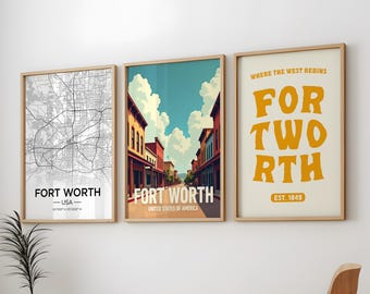 Lámina decorativa de Fort Worth para pared, mapa de la ciudad de Texas, decoración retro, póster de Fort Worth para descarga digital.