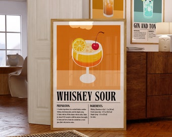 Whiskey Sour Cocktail Print Retro Bar Cart Decor Alcohol Wall Art Poster Kitchen Decor Whiskey Gift