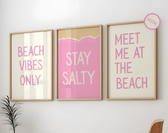 Pink Beach Wall Art Retro Coastal Print, Summer Poster Preppy Decor, Typography Digital Download