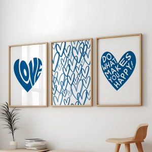 Blue Heart Print 3 Pack, Retro Trendy Wall Art for Preppy Rooms, Blue Aesthetic Prints for Dorms, Heart Print, Blue Retro Trendy Wall Art