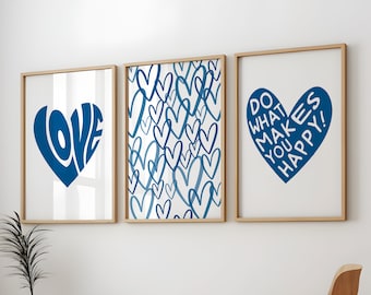 Blaues Herz Wand Kunst 3er Pack, Retro Preppy Poster Set, Teen Girl Wohnheim Dekor, digitaler Download