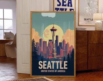 Seattle Poster Vintage Travel Print, Space Needle Skyline Wall Art, Washington City Retro Decor Gift