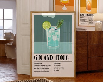 Gin and Tonic Poster, Cocktail Wall Art Bar Cart Decor, Retro Gin Print, Minimalist Bar Decor, Housewarming Gift