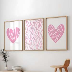 Paquete de 3 impresiones de corazones rosas, arte de pared retro y moderno para habitaciones preppy, impresiones estéticas rosas para dormitorios, impresión de corazón, arte de pared retro y moderno rosa.