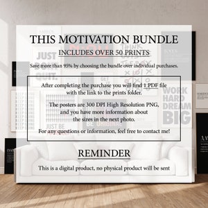 Peut inclure: Un lot de plus de 50 impressions motivantes t&eacute;l&eacute;chargeables num&eacute;riquement. Le lot comprend un fichier PDF avec un lien vers le dossier des impressions. Les affiches sont en PNG haute r&eacute;solution 300 DPI. Le texte sur l'image indique "Ce lot de motivation comprend plus de 50 impressions. &Eacute;conomisez plus de 95 % en choisissant le lot plut&ocirc;t que des achats individuels. Apr&egrave;s avoir effectu&eacute; l'achat, vous trouverez 1 fichier PDF avec le lien vers le dossier des impressions. Les affiches sont en PNG haute r&eacute;solution 300 DPI, et vous trouverez plus d'informations sur les tailles dans la photo suivante. Pour toute question ou information, n'h&eacute;sitez pas &agrave; me contacter ! Rappel : Il s'agit d'un produit num&eacute;rique, aucun produit physique ne sera envoy&eacute;."
