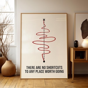 Puede incluir: Un p&oacute;ster minimalista con una l&iacute;nea roja formando un camino sinuoso, una l&iacute;nea discontinua negra y el texto "THERE ARE NO SHORTCUTS TO ANY PLACE WORTH GOING".