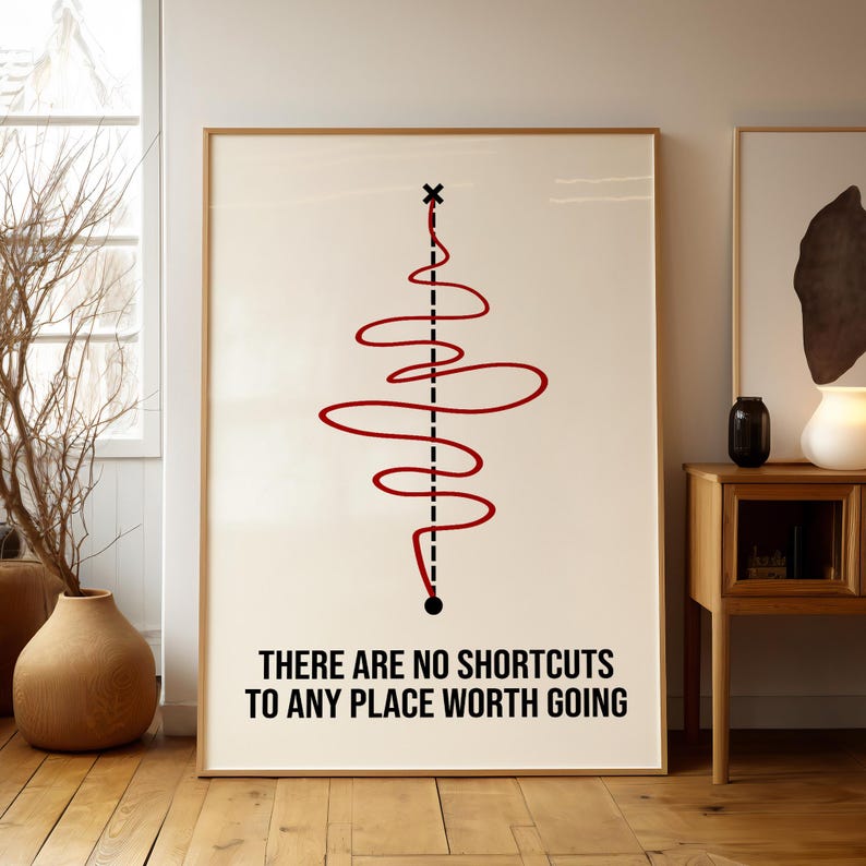 Puede incluir: Un p&oacute;ster minimalista con una l&iacute;nea roja formando un camino sinuoso, una l&iacute;nea discontinua negra y el texto "THERE ARE NO SHORTCUTS TO ANY PLACE WORTH GOING".
