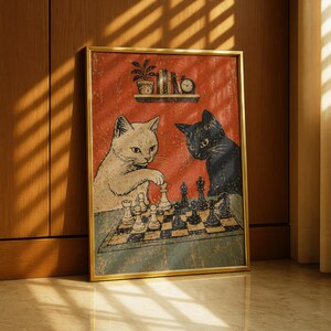 Cats Playing Chess Poster, Vintage Retro Cat Wall Art, Funny Cat Print, Black & White Cat Decor image 6
