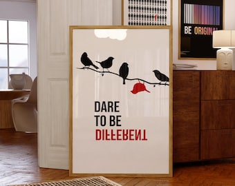 Póster "Atrévete a ser diferente", lámina con cita inspiradora sobre pájaros, arte mural motivacional, decoración para habitación de adolescente, regalo para ella.