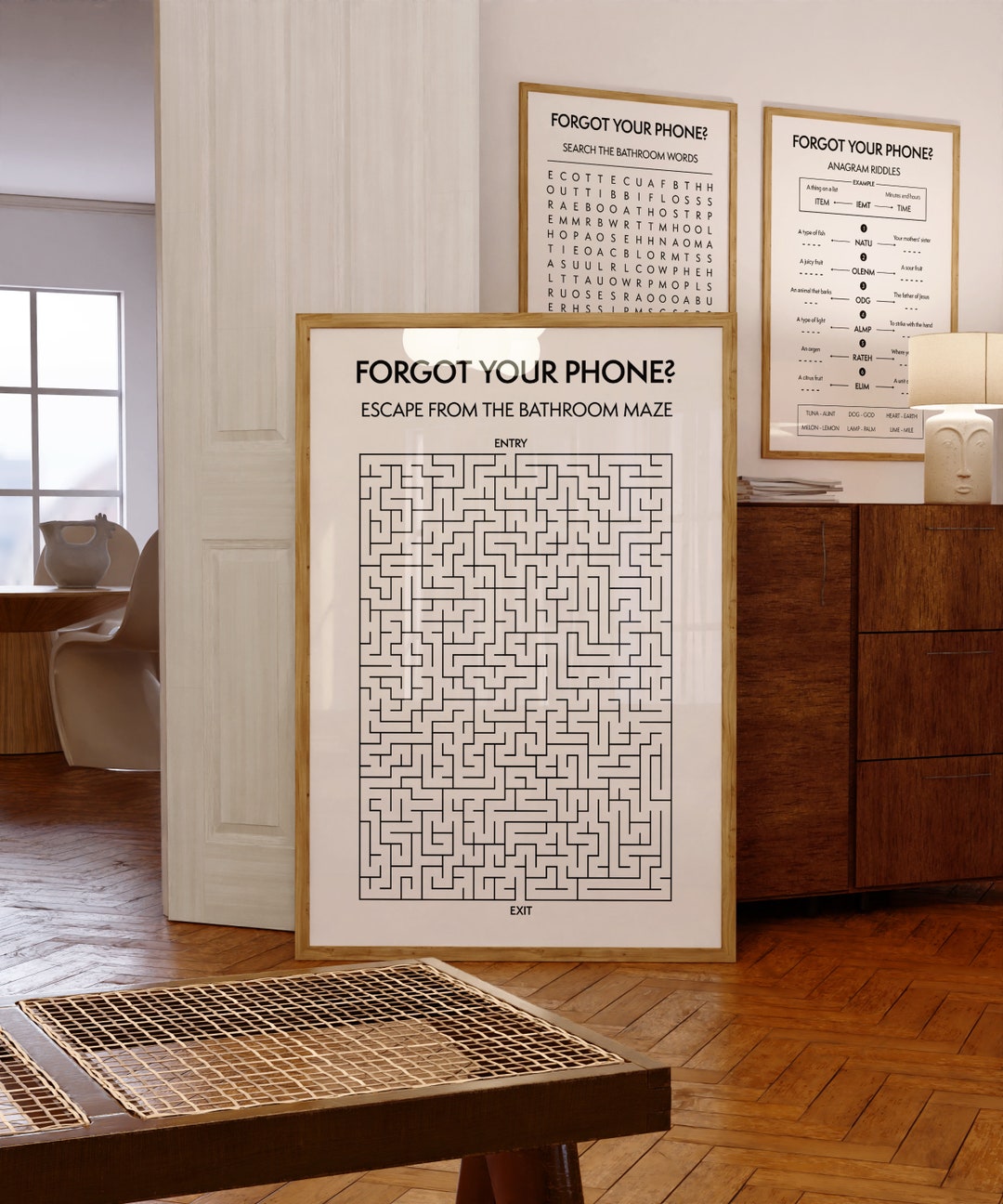 Your Phone Poster, Bathroom Maze Print, Bathroom Puzzle Wall