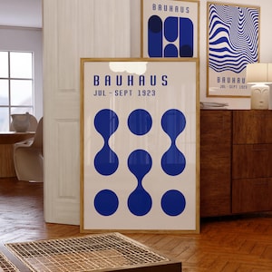 Bauhaus-affisch blå, geometrisk väggkonst, Bauhaus-utställningstryck, blå väggdekoration i mitten av århundradet bild 1