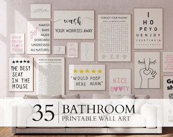 Funny Bathroom Wall Art Prints Set of 35, Toilet Humor Decor, Bathroom Quotes Printable Digital Download
