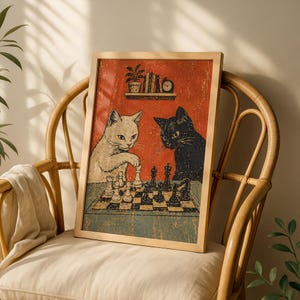 Cats Playing Chess Poster, Vintage Retro Cat Wall Art, Funny Cat Print, Black & White Cat Decor image 7