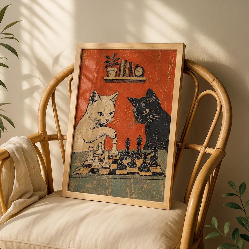 Cats Playing Chess Poster, Vintage Retro Cat Wall Art, Funny Cat Print, Black & White Cat Decor image 7