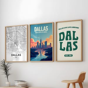 Dallas City Prints, 3er-Set, Dallas Wanddekor, Dallas Wandkunst, Dallas Wandkunst, Dallas Sehenswürdigkeiten, Dallas Reisedrucke, Dallas Poster, Dallas Drucke