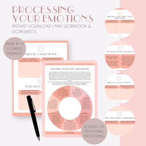 Op de afbeelding: Een digitaal mini-werkboek getiteld Processing Your Emotions, met een zwarte pen, cirkelvormige diagrammen en tekstprompts voor emotionele regulatie. De lay-out bevat zes pagina's met zachte perzik- en witte kleurenschema's.