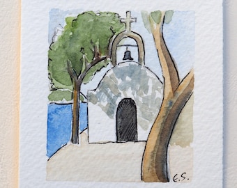Watercolour miniature Original tiny painting, Landscape, Greek island vacations, Church, Dolls house mini picture