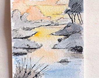 ACEO 2.5x3.5in Watercolor Painting: Miniature Sunset Landscape Lake