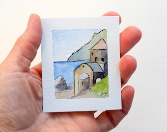 Greek Church Tiny art Watercolour miniature Original small Landscape drawing