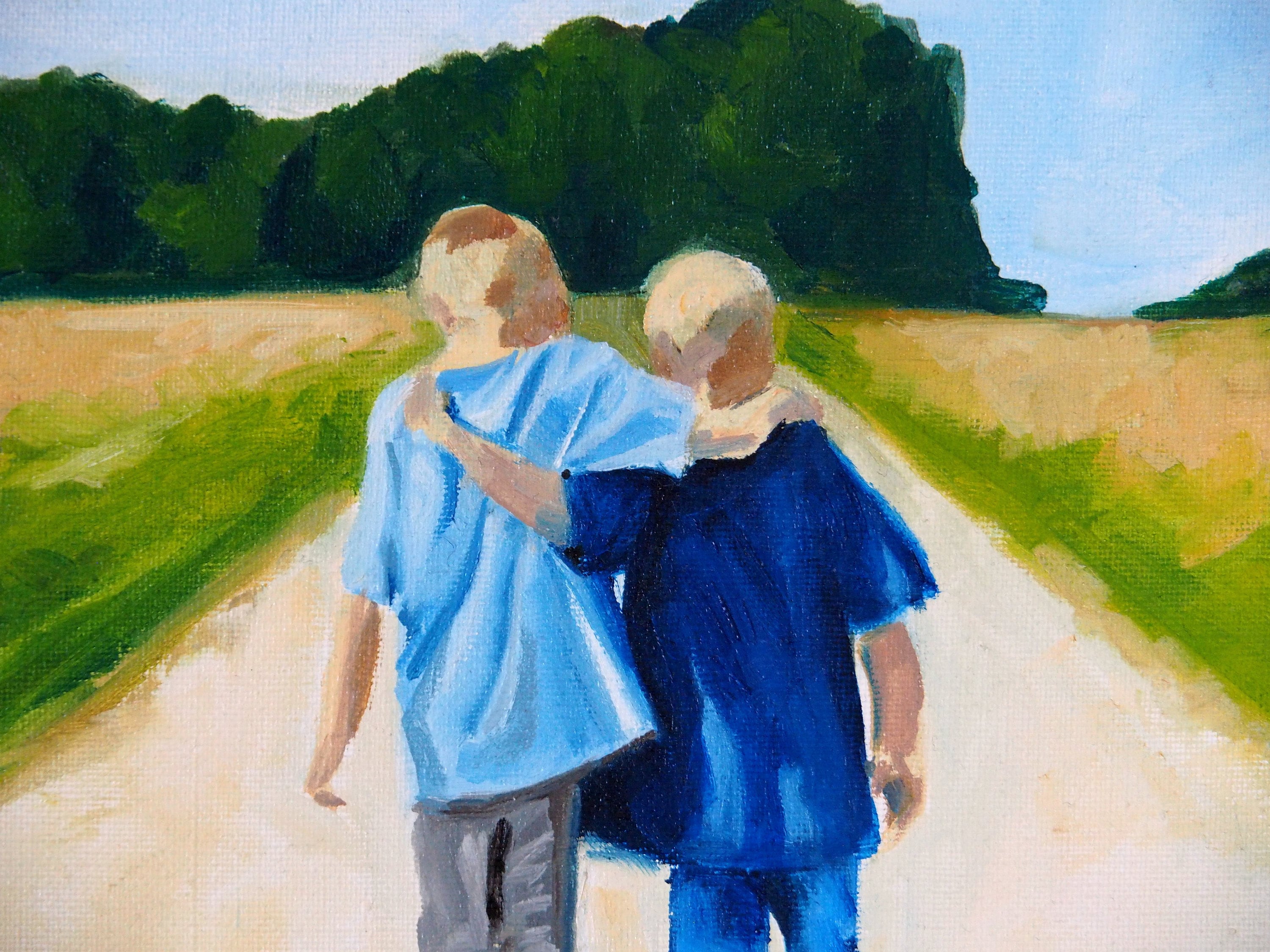 Boys walking together original acrylic painting friendship gift for