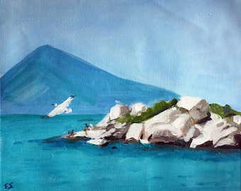 Seascape with rocks and birds, Acrylic painting, Original art, Crete, Greece, Sea