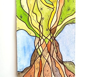 Neurographic Art Watercolor Painting: Tree Miniature ACEO 2.5x3.5in