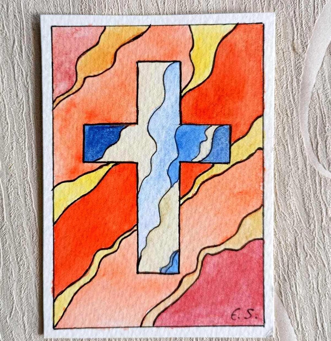 ACEO 2.5x3.5in Marble Cross Watercolor Painting: Miniature Neurographic ...