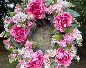 Pink Peony Wreath Spring Front Door Wreath Romantic Floral Wreath Cottage Garden Decor Handmade