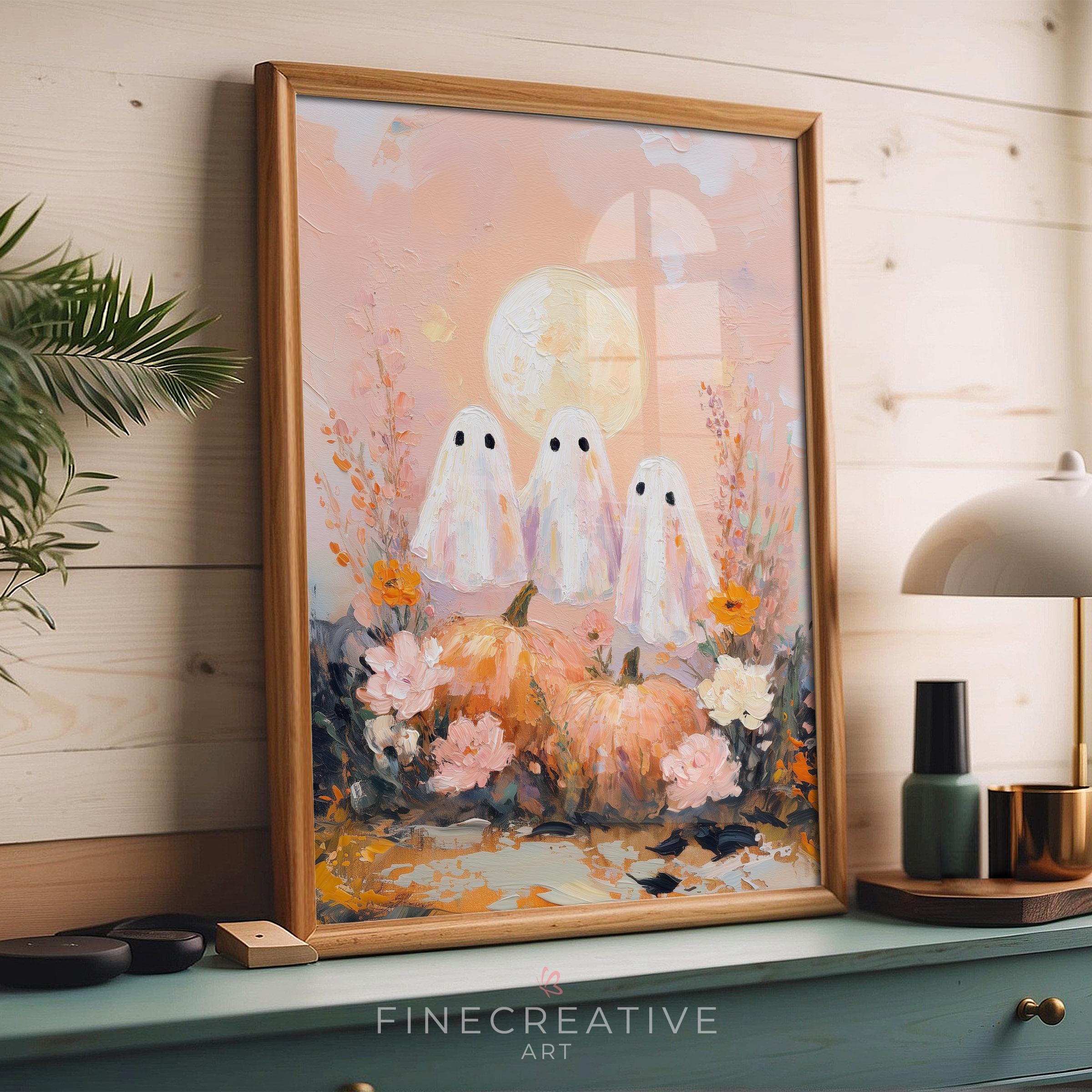 Cute Halloween Ghost Wall Art, Pastel Fall Print With Blush Pumpkins