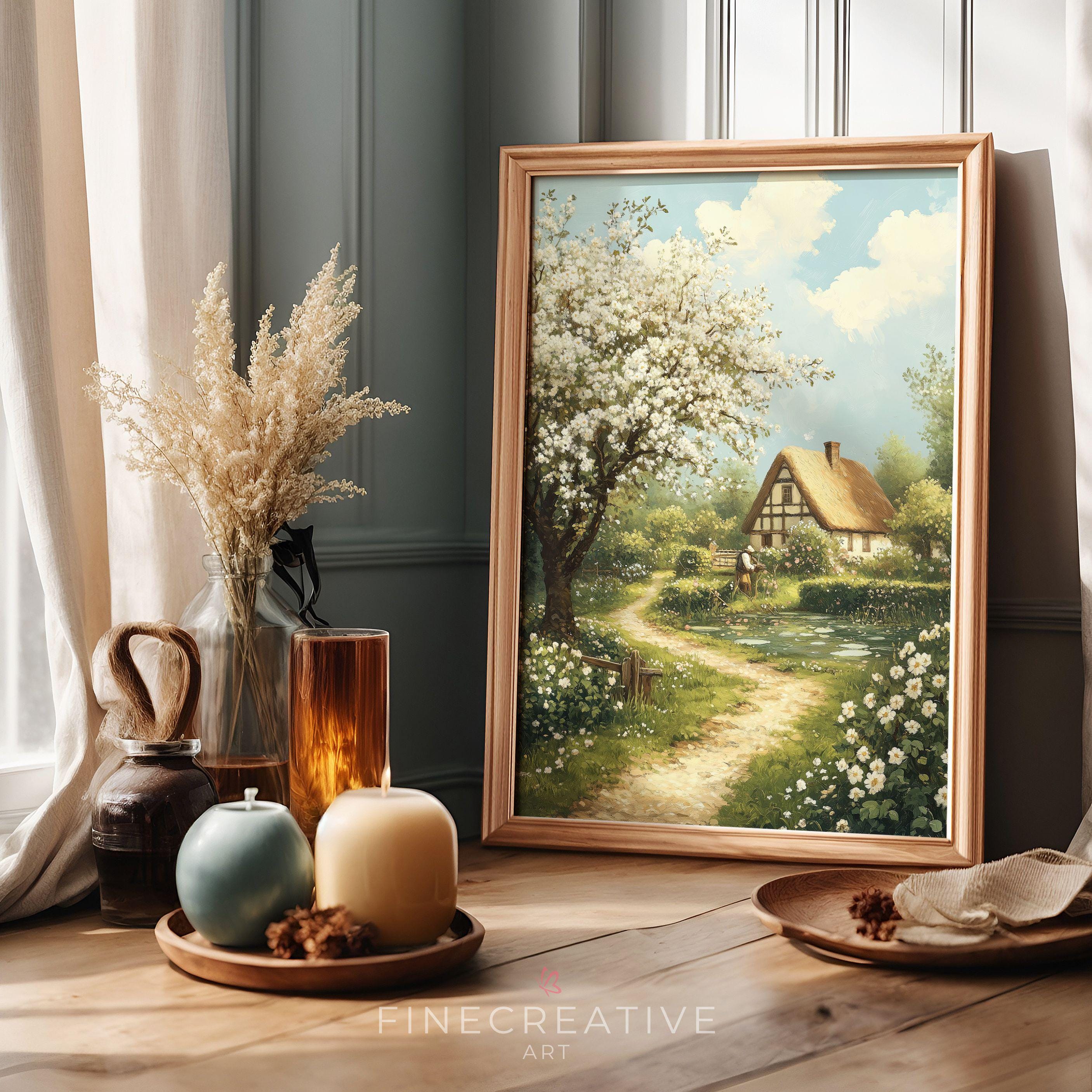 Vintage Spring Cottage Art Print, Printable Farmhouse Landscape Wall ...