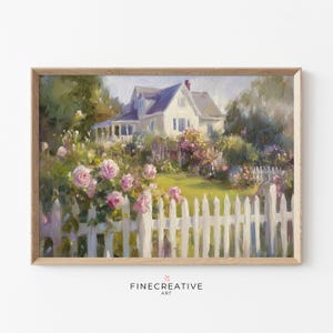 Cottage Garden Wall Art, Vintage Rose House Print, Spring Floral Landscape, Pastel Country Wall Decor, Printable Farmhouse Download | G03