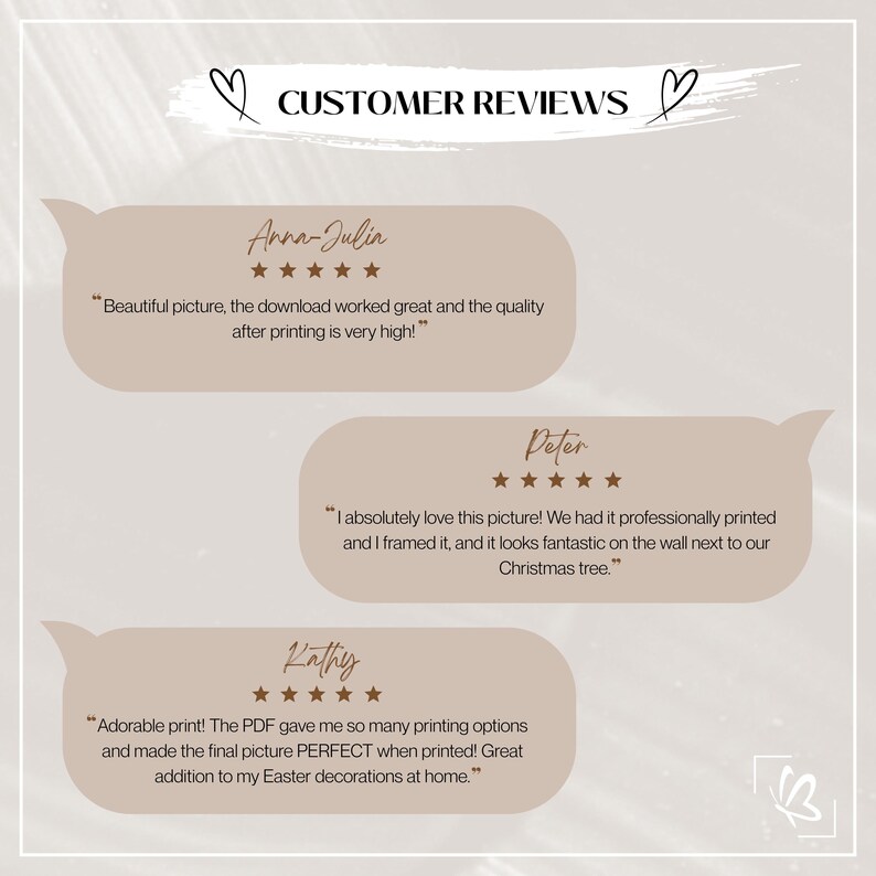 May include: A digital print featuring customer reviews in speech bubbles. The text reads "Customer Reviews" above the reviews. Each review includes a name, star ratings, and a quote about the product's quality and appeal.