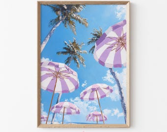 Beach Umbrella Art Print with Palm Trees, Trendy Coastal Wall Decor, Pastel Striped Umbrella Download, Summer Vacation Beach House Art | K78