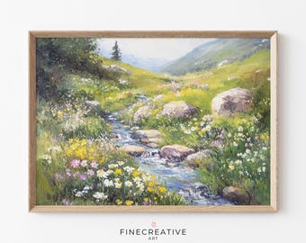 May include: A painting of a stream flowing through a lush green meadow with wildflowers in shades of pink, yellow, and white. The stream is surrounded by rocks and the background features rolling hills.